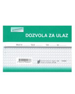 I-60 DOZVOLA ZA ULAZ; Blok 100 listova, 12,5 x 8,8 cm