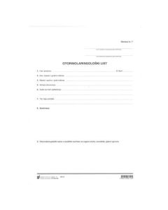 XVI-109 OTORINOLARINGOLOŠKI LIST (Obrazac 7); Komplet (arak + list), 21 x 29,7 cm
