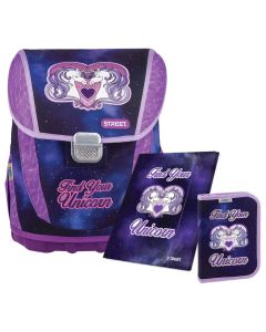 Torba anatomska set 3/1 ABC Street Find your unicorn (Set sadrži prvoškolsku anatomsku torbu, mapu sa gumicom A4 i punu pernicu 1 zip, 2 preklopa)