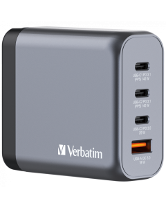 Verbatim GNC-140 GaN zidni punjač 140W, 4 priključka, 2 x USB-C PD 140 W / 1 x USB-C PD 20 W / 1 x USB-A QC 3.0