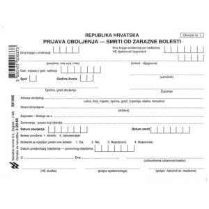 3-20-60 PRIJAVA OBOLJENJA-SMRTI OD ZARAZNE BOLESTI; Karton, 14,8 x 10,5 cm