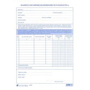 IX-400 IZVJEŠTAJ O OSTVARIVANJU OSLOBAĐANJA OD PLAĆANJA PDV-a; Komplet 2 lista, 21 x 29,7 cm