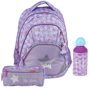 Ruksak anatomski set 3/1 Street Glitter star (Set sadrži ergonomski ruksak, pernicu vrećicu četvrtastu s 2 zipa i bocu za vodu)